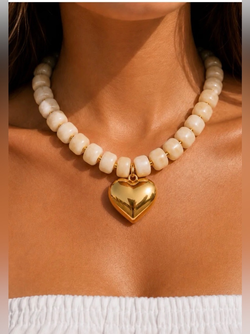 Gold Tone Puffy Heart Pendant White Resin Beaded Necklace